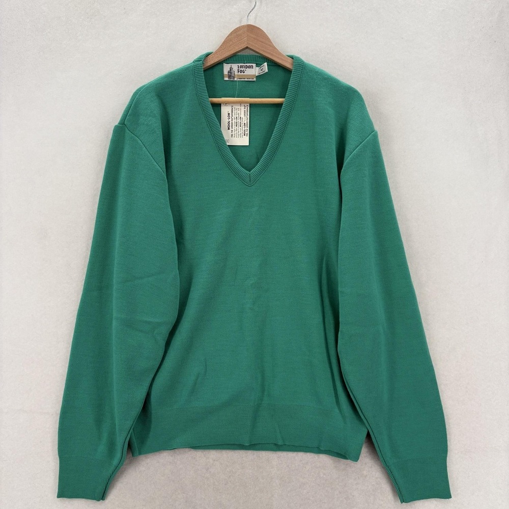 Vintage London Fog Sweater Mens XLT Green Acrylic V Neck Knit Pullover USA NWT